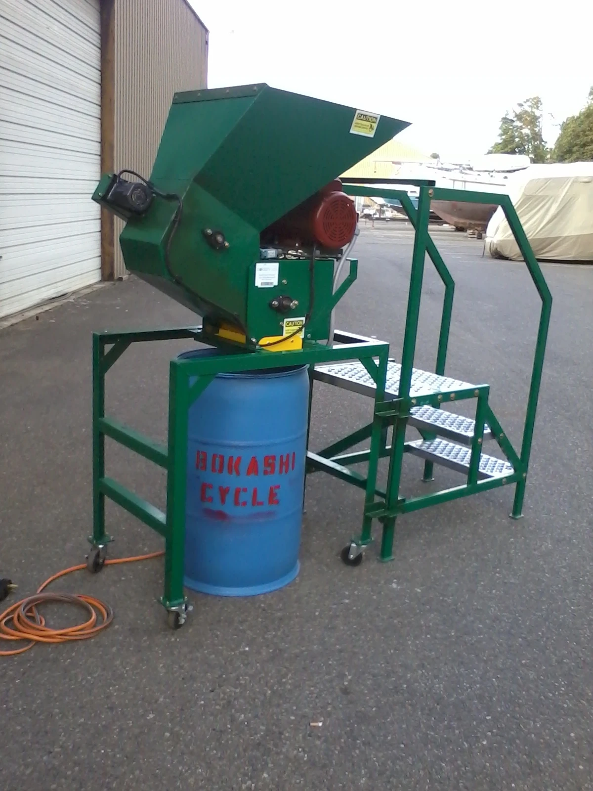 The Bokashicycle Food Waste Pulverizer can be wheeled into place, and plugged into a standard 220-volt outlet
