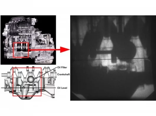 Image of oil flow inside an engine crankcase at high speed