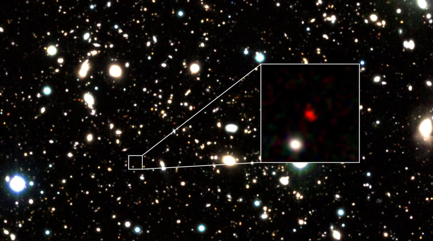 The newly discovered distant galaxy HD1 is highlighted in the zoomed in box