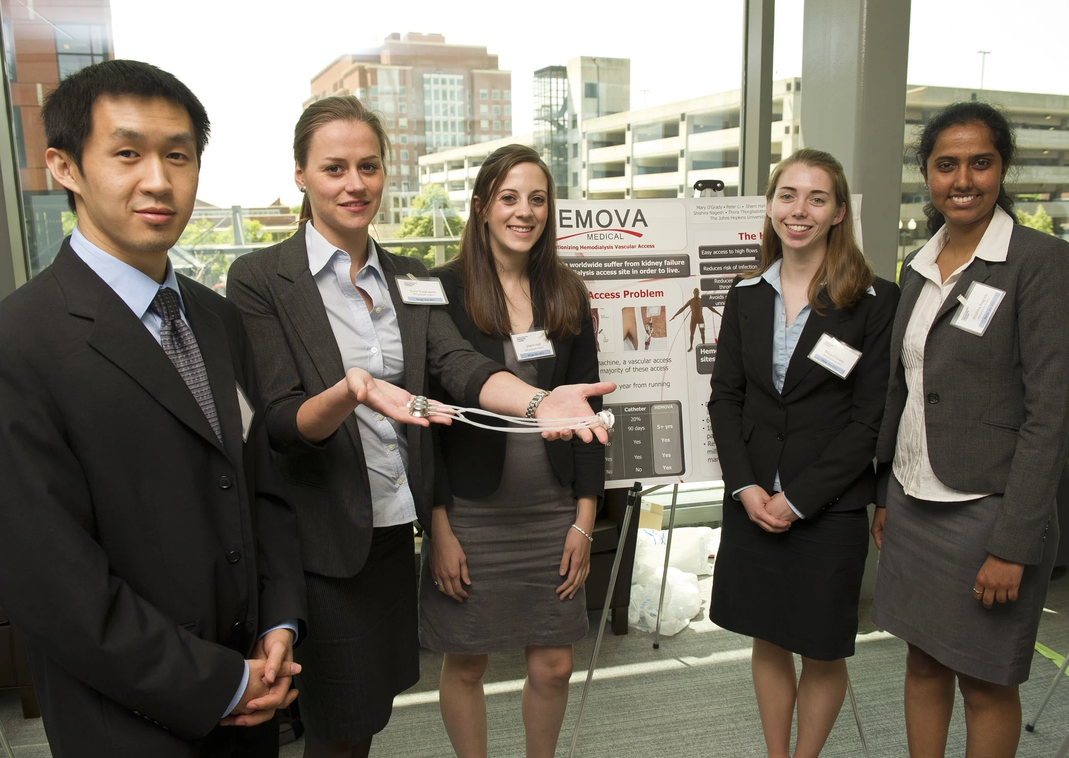 The Hemova Port was developed by Johns Hopkins biomedical engineering graduate students, from left, Peter Li, Thora Thorgilsdottir, Sherri Hall, Mary O'Grady and Shishira Nagesh (Photo: Johns Hopkins University)