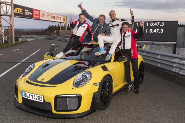 A jubilant Porsche team at the Nurburgring