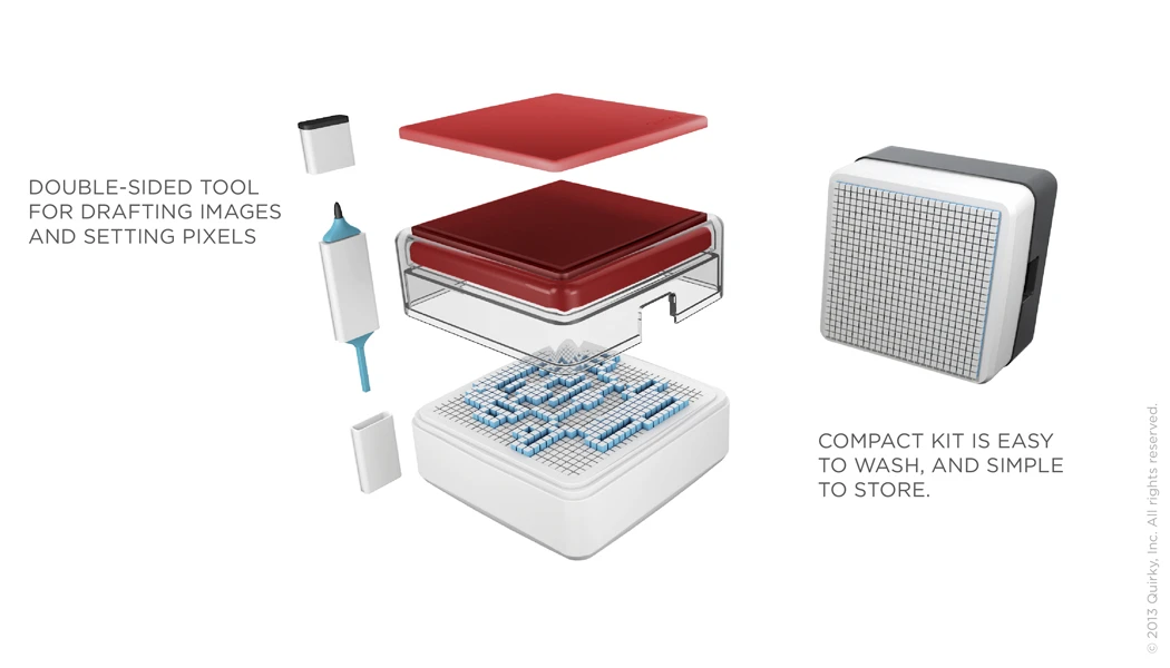 The Pixit kit includes a stamp, a pen, and an ink pad, which are all designed to fit into a single, tidy box