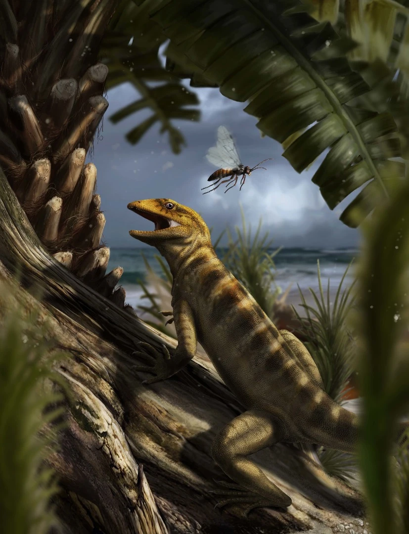 Recreation of life in the Dolomites 240 million years ago, with the oldest lizard known to man Megachirella wachtleri, going about its business
