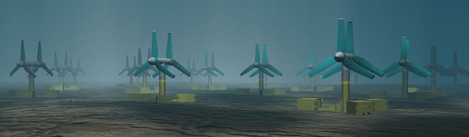 Illustration of tidal power turbines in use