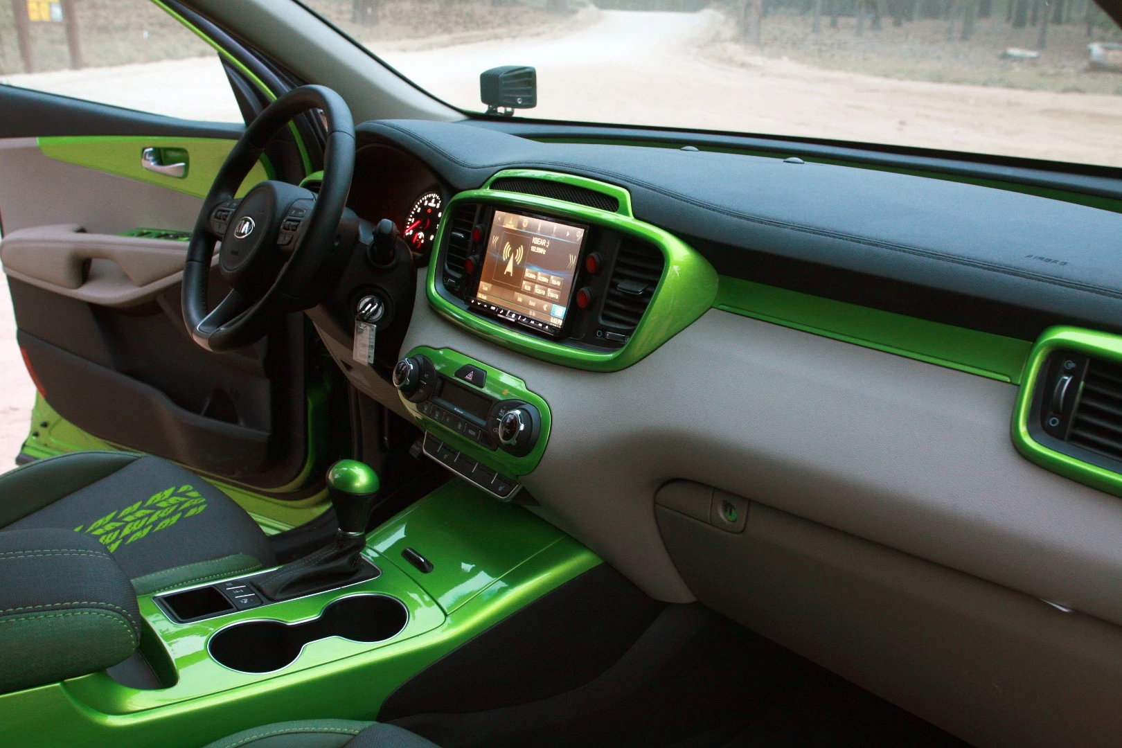 The bright green finish ties into the exterior look
