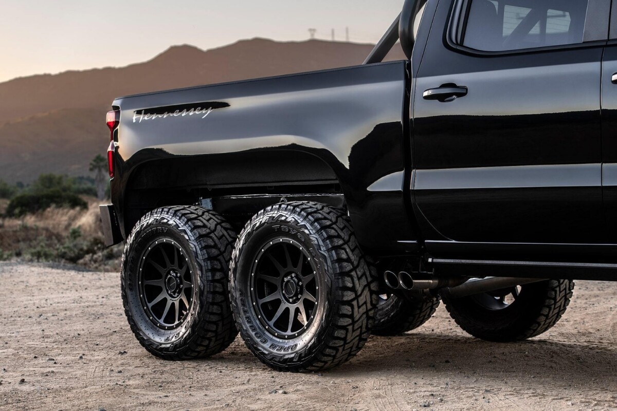 The extended truck bed and Hennessey's custom 20-inch rims, which are wrapped in BFGoodrich 37-inch off-road tires