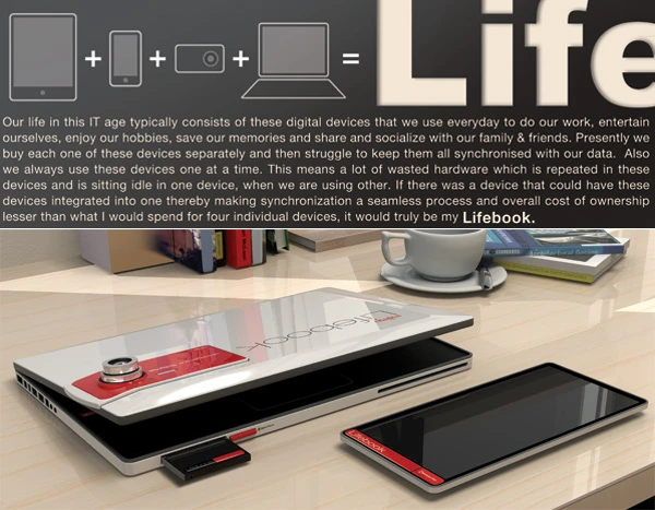 Attaching a gadget to the concept Lifebook will bring all it's functions to the computer, including using it's own processor to run some of the laptop's functions on its own