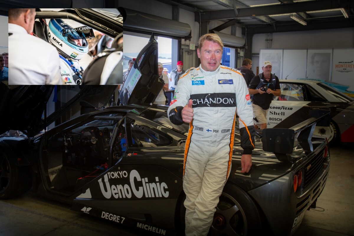 Mika Hakkinen, gets prepped up before heading out on track in the LeMans winning McLaren F1 GTR