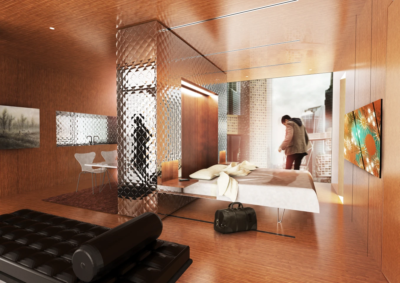 The minimal interior space is maximized by space-saving interior design measures such as fold-down beds