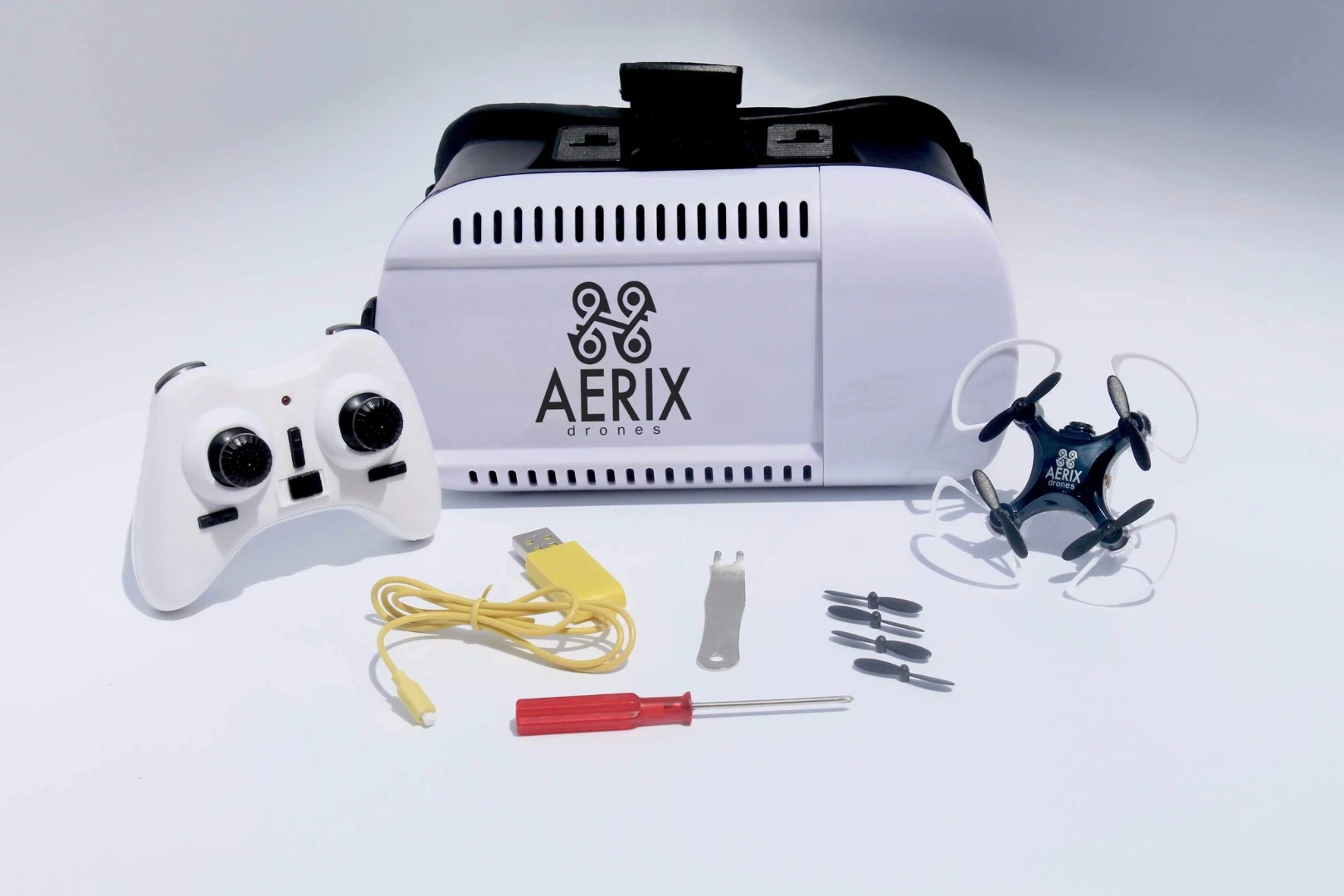 Each Aerix Vidius VR drone comes complete with a 2.4 gHz controller, VR headset, USB charge cable, replacement blades, mini screwdriver, and a mini blade removal tool