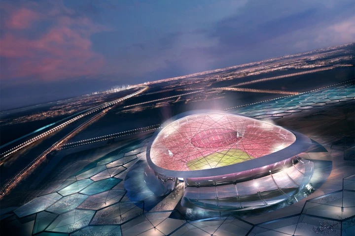 The Lusail Iconic Stadium surrounded by solar collectors