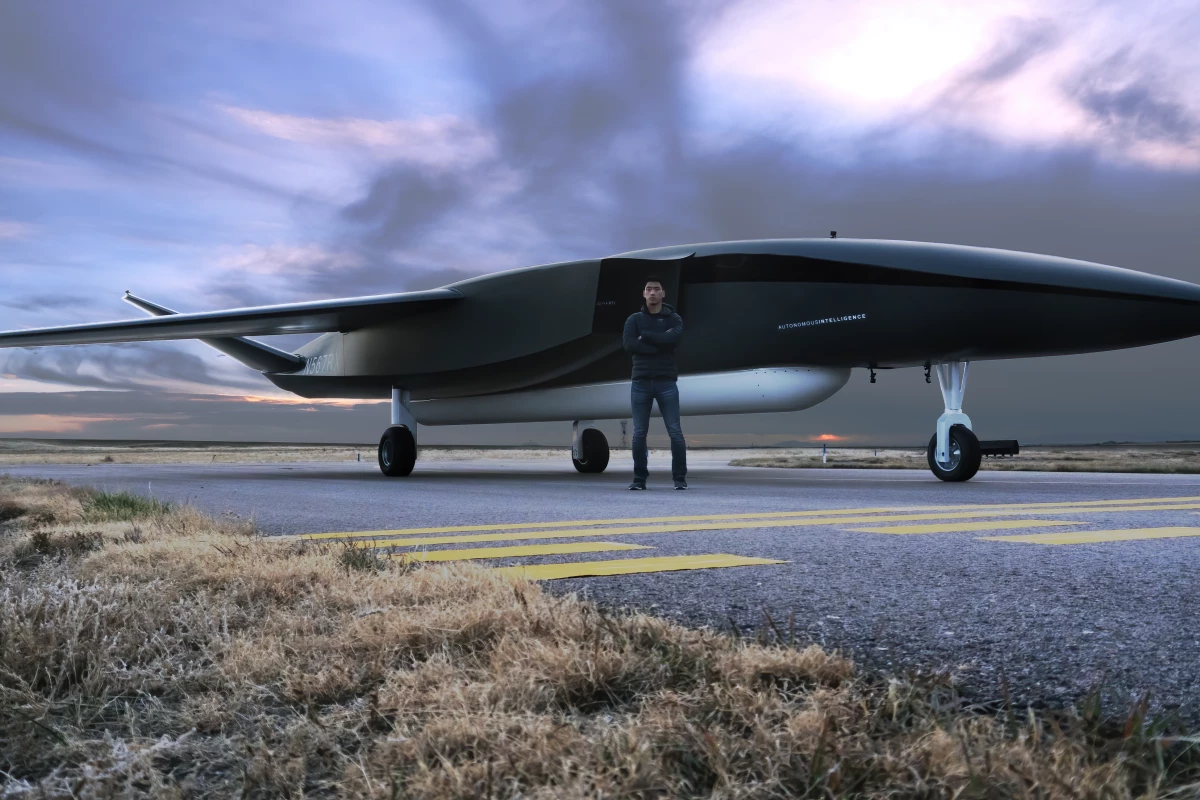 Jay Skylus, founder and CEO of Aevum, stands in front of the newly unveiled Ravn X drone