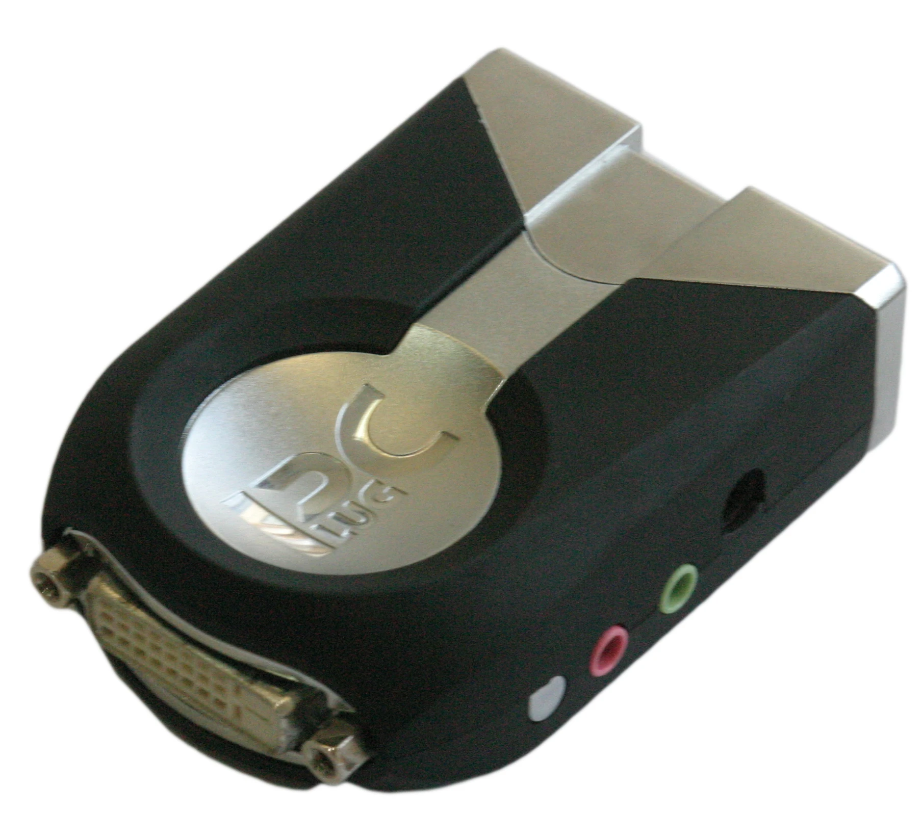 The palm-sized Plug PC has DVI-D video, audio in/out jacks, four USB ports and and Ethernet port