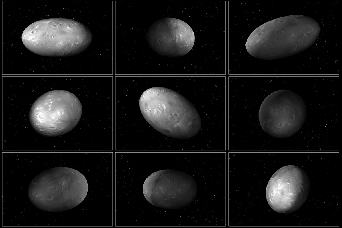 This set of computer modeling illustrations of Pluto’s moon Nix shows how the orientation of the moon changes unpredictably as it orbits the “double planet” Pluto-Charon