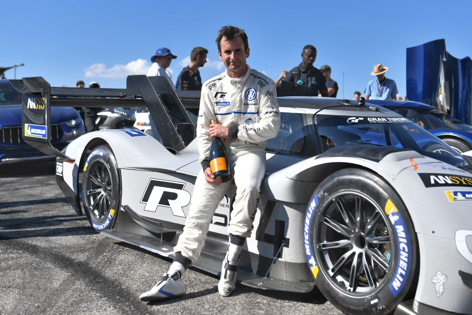 Romain Dumas managed a time of 43.86 seconds aboard the four-wheel-drive Volkswagen I.D R Pikes Peak during the hill climb at the 2018 Goodwood Festival of Speed, the third fastest in the event's history