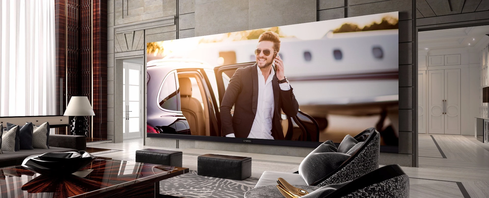 The C Seed 262 UHD TV's 262-in (6.65 m) diagonal length gives it a width of 20.16 ft (6.14) m and height of 8.44 ft (2.57 m)