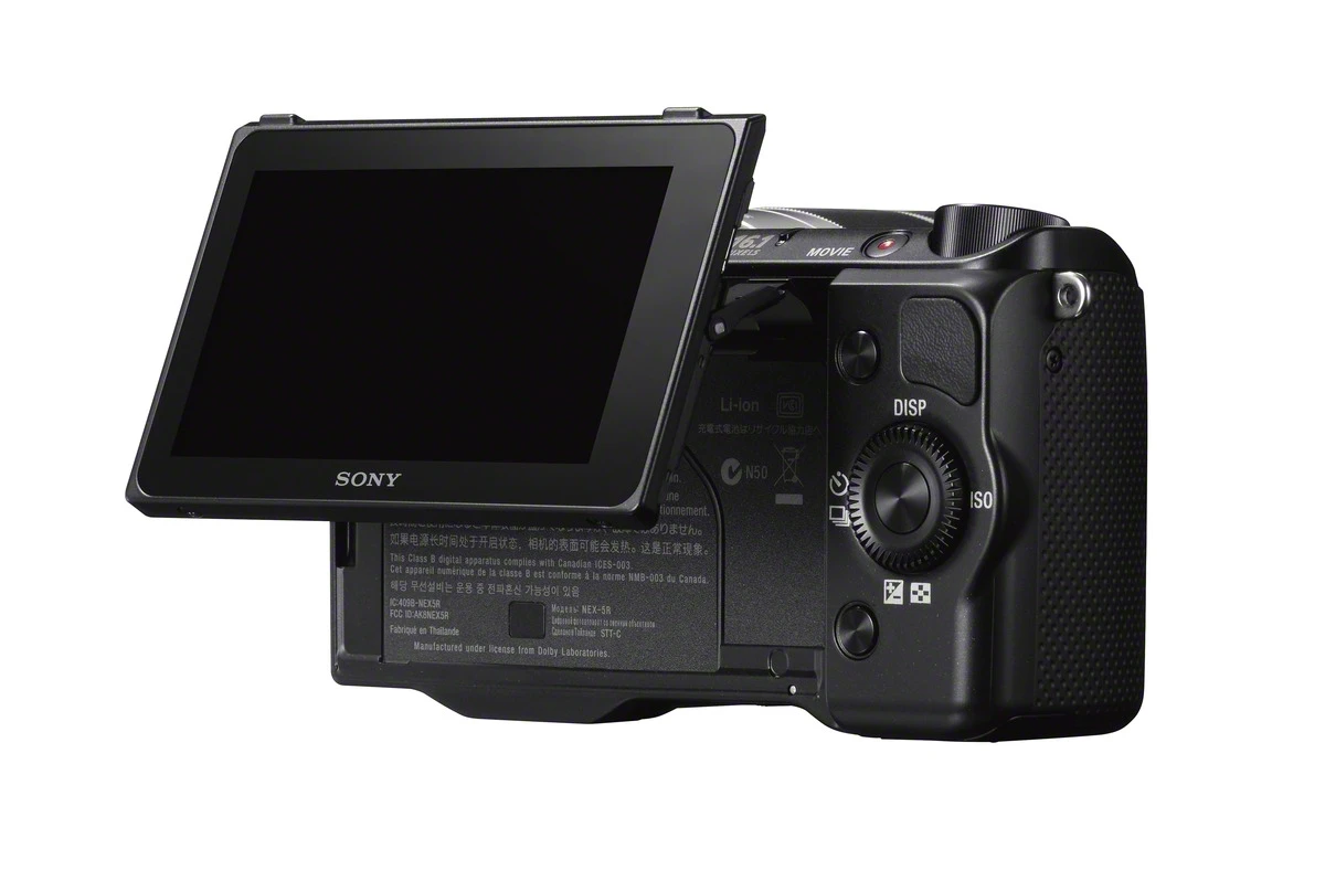 The 7.5-cm (3-inch) 921k dot resolution touchscreen on the Sony NEX-5R can be tilted downwards 50 degrees