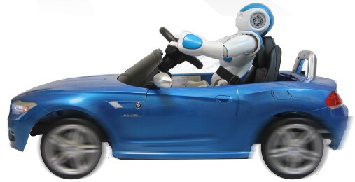 The vehicle has an integrated laser range finder linked to an onboard Arduino computer, which relays steering commands to the NAO in order to avoid hitting obstacles detected in its path