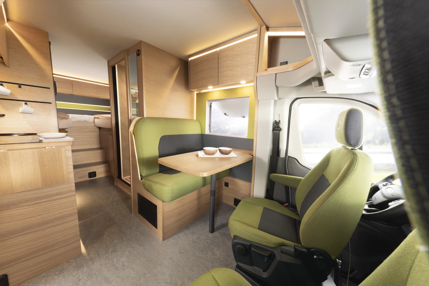 Dethleffs previews a standard motorhome floor plan that subtly showcases a few eco components, such as sheep's wool upholstery and "popcorn panel" table and work surfaces