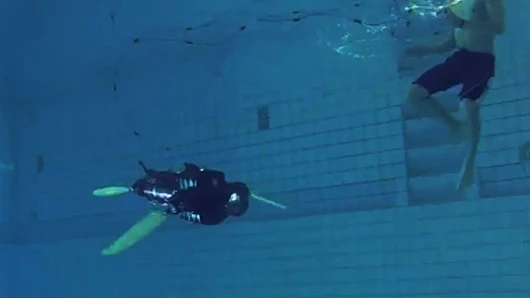 ETH Zurich's naro-tartaruga, a robotic sea turtle, propels itself underwater with its fins while a researcher observes nearby