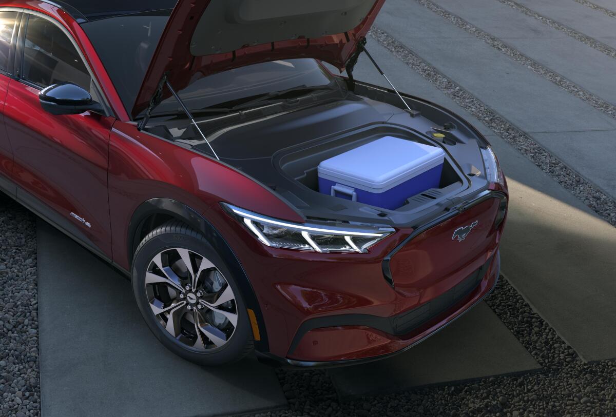 The Mach-E's drainable front trunk storage unit has 4.8 cubic feet of storage space