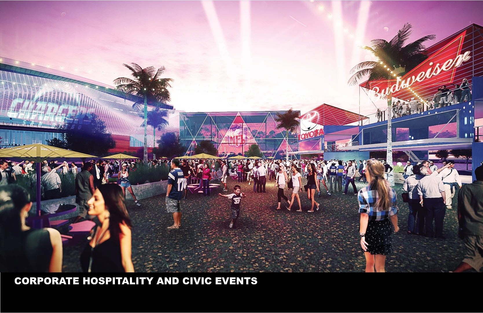 The plan includes public space, a fan park, corporate hospitality area, a VIP atrium and multiple clubs, suites, and entertainment facilities, plus a hall of fame