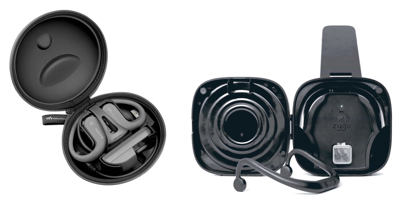 The Sony WS-W625 at left, and the new Zygo Z1 at right – the Zygos come with earplugs, which ensures they don't get lost because they always have their place when they're not in your ears – the Sony waterproof Walkmans have the earplugs built in