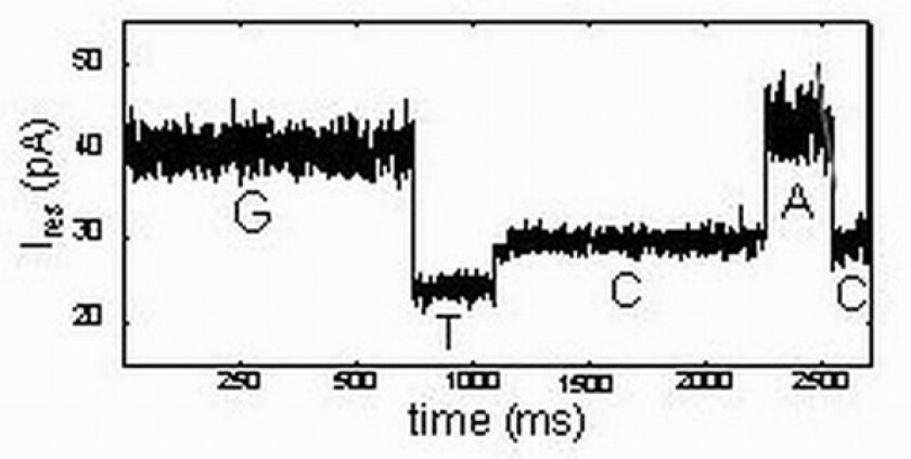 The electrical signatures of the DNA nucleotides -- guanine, thymine, cytosine and adenine -- as they are sequenced through a nanopore (Image: Ian Derrington)