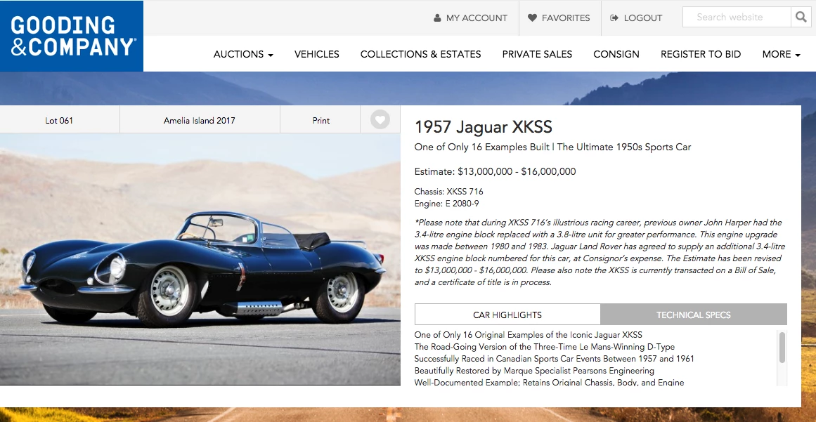 One of only 16 ever built, this 1957 Jaguar XKSS went to auction with Gooding & Company at Amelia Island in March, 2017, the first XKSS to go to auction for a decade. Originally estimated at $16,000,000 to $18,000,000, the estimate was revised prior to auction to between $13,000,000 and $16,000,000, but the XKSS attracted a high bid of just $11.9 million and failed to sell.