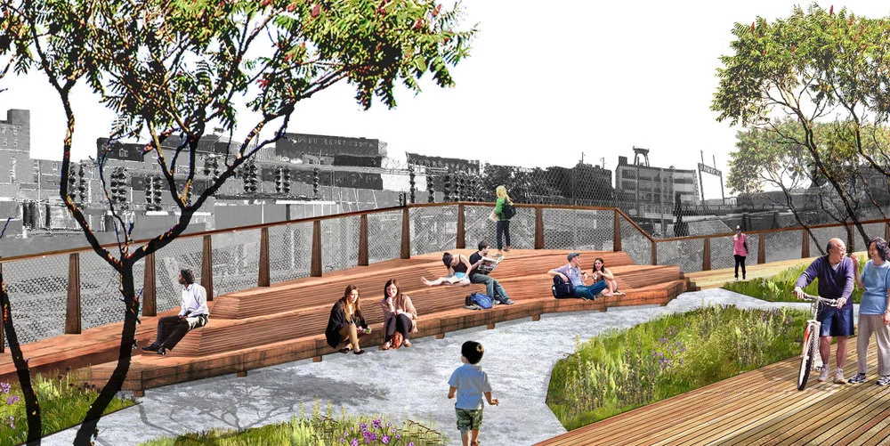 The first phase section with feature woody shrubs and trees and will have a path moving between the planted and seating areas