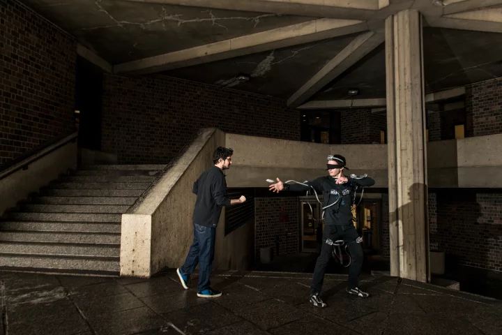 Using a collection of sensors placed all over the body, the SpiderSense suit detects objects in the environment and warns the wearer when anything gets too close (Photo Credit: Lance Long, EVL)