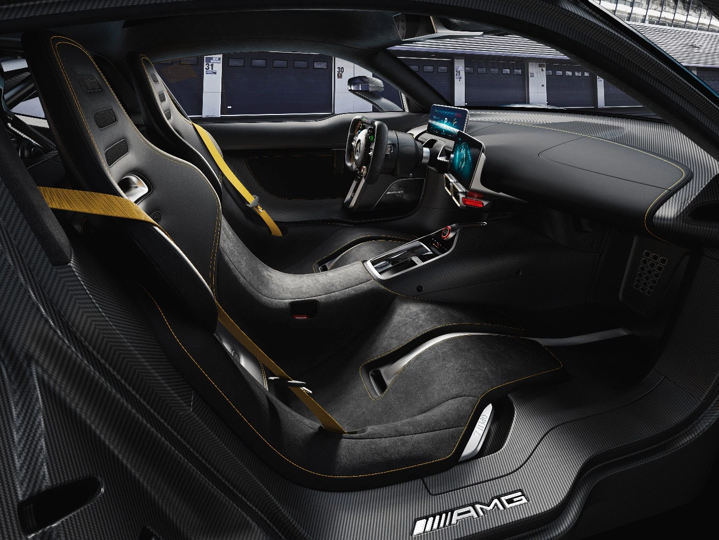 The two-seat cockpit of the Mercedes-AMG Project ONE show car