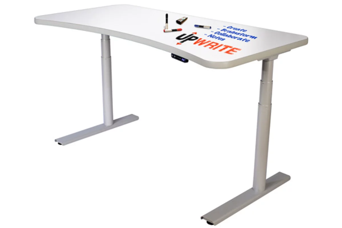The UpWrite sitting or standing desk features a whiteboard surface
