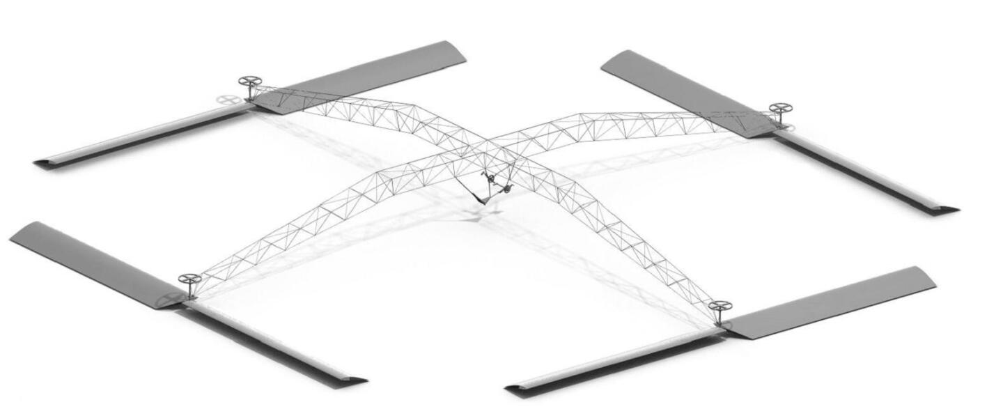 Diagram of Gamera - each crossbar of the frame is 60 feet long, and has a 42-foot rotor at each of the four points of the cross