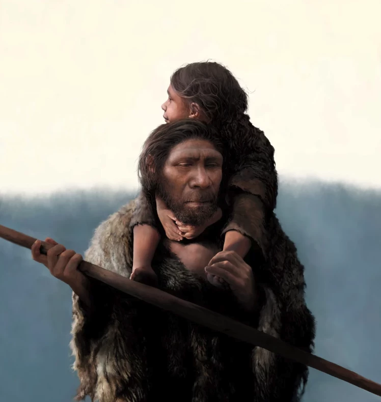 An artist's impression of a Neanderthal father and daughter