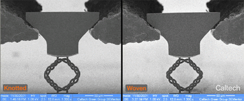 Comparative animation of tensile strength of new materials composed of knots (left) and weaves (right)