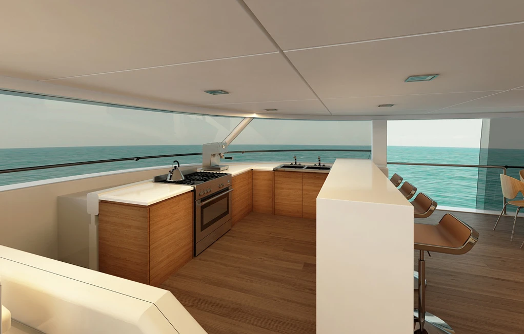 The Flash Cat 67SC design incorporates an open, spacious indoor/outdoor flybridge