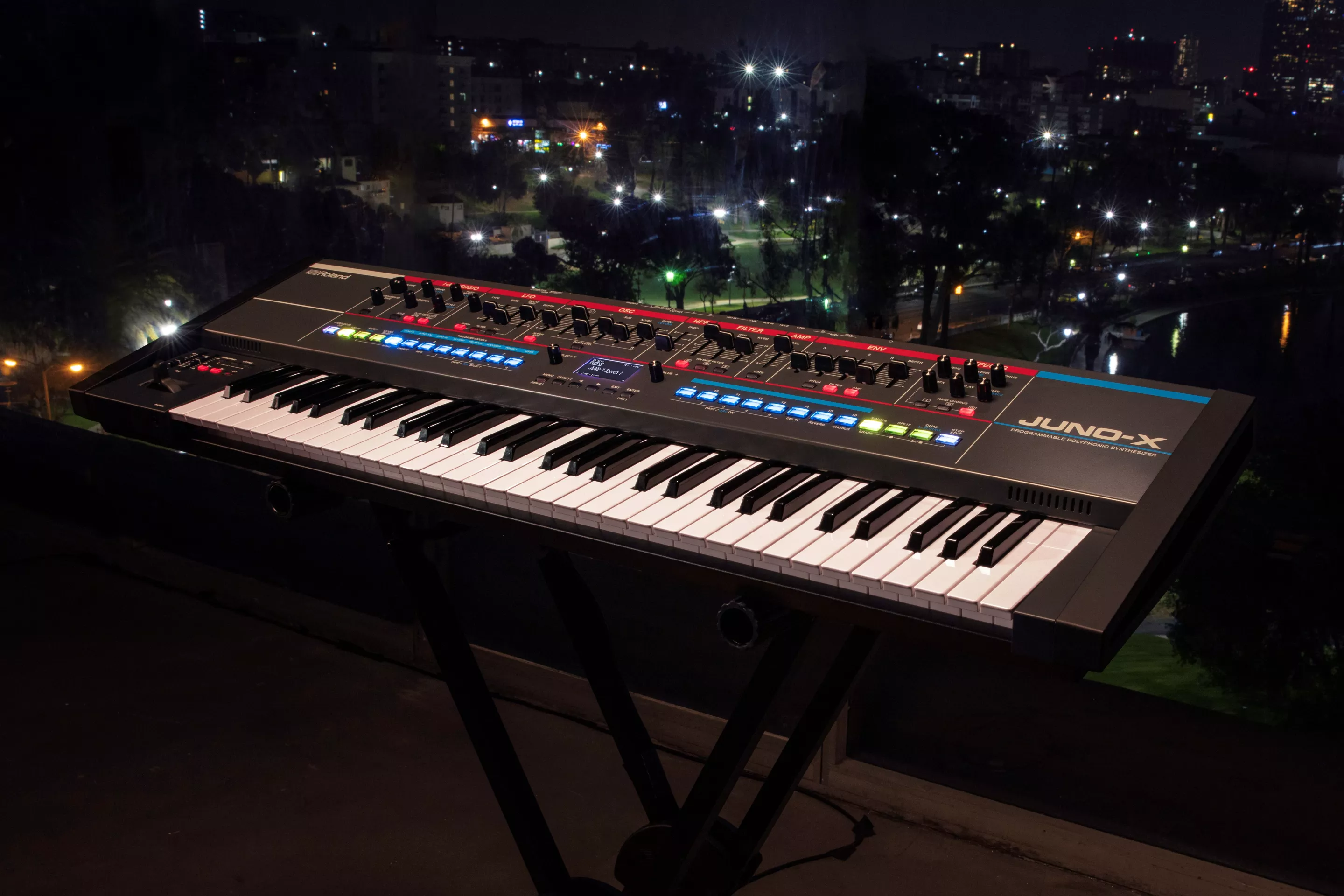 The Juno-X synth features a 61-key keyboard with aftertouch