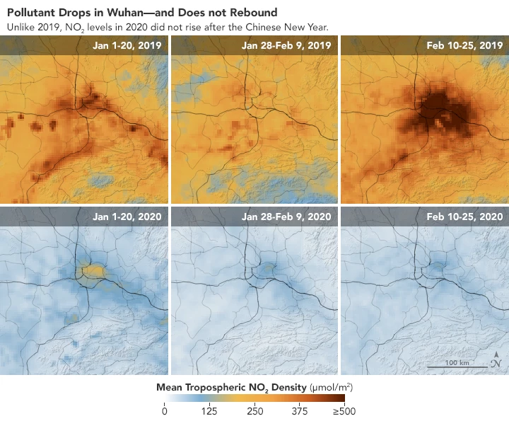 Satellite data showing nitrogen dioxide levels over three periods in 2020: January 1-20 (before Lunar New Year), January 28-February 9 (around New Year celebrations), and February 10-25 (after the event)