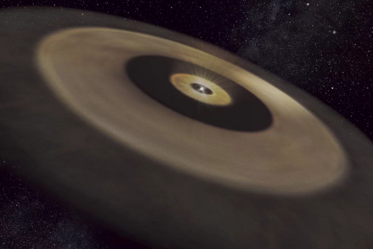 An artist's impression of the two dust disks surrounding the nearby young star DM Tau, which could give birth to a planetary system like our own