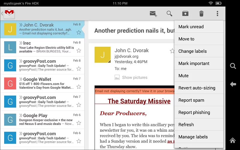 Gmail app running on Kindle Fire HDX