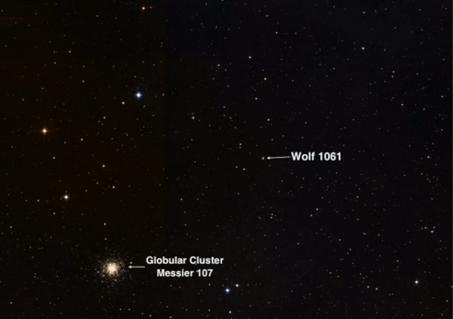 The sky area in the constellation of Ophiucus near the red dwarf star Wolf 1061