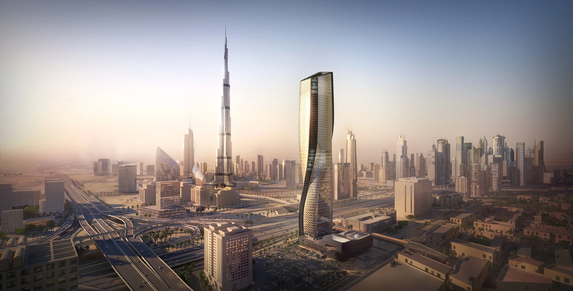 The Wasl Tower is located on a prominent site near the Burj Khalifa and will rise to a total height of 302 m (990 ft)