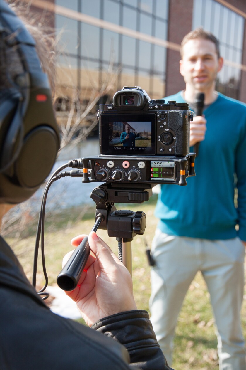The MixPre portable recorders feature a retractable camera mount for placement between tripod and camera