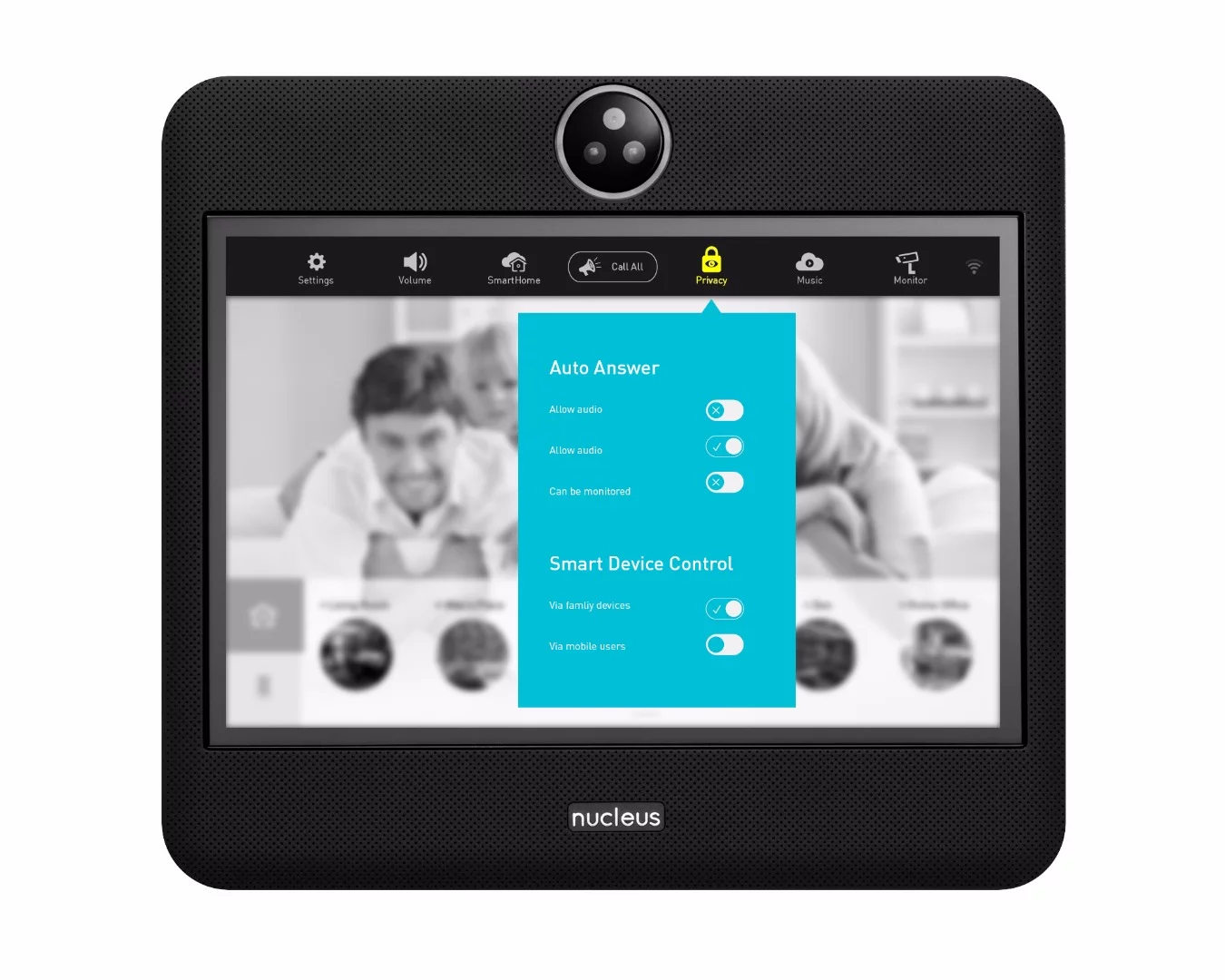 The Nucleus devices can be set to answer automatically or to require a touch to answer, and there is a physical shutter to disable the camera