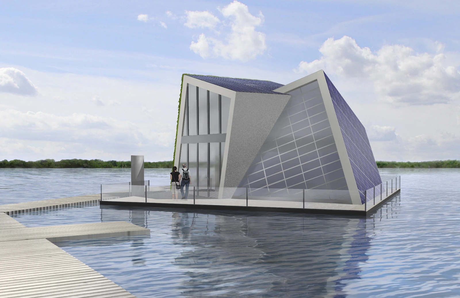 Building design of a floating house that provides its own heat and water