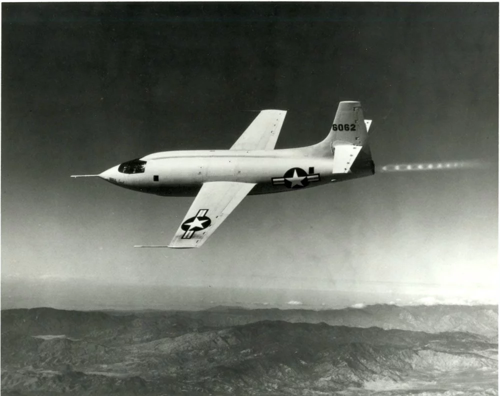 The Bell X-1 was the first airplane to survive breaking the sound barrier – notice the shock diamonds in the exhaust (Photo: NACA)