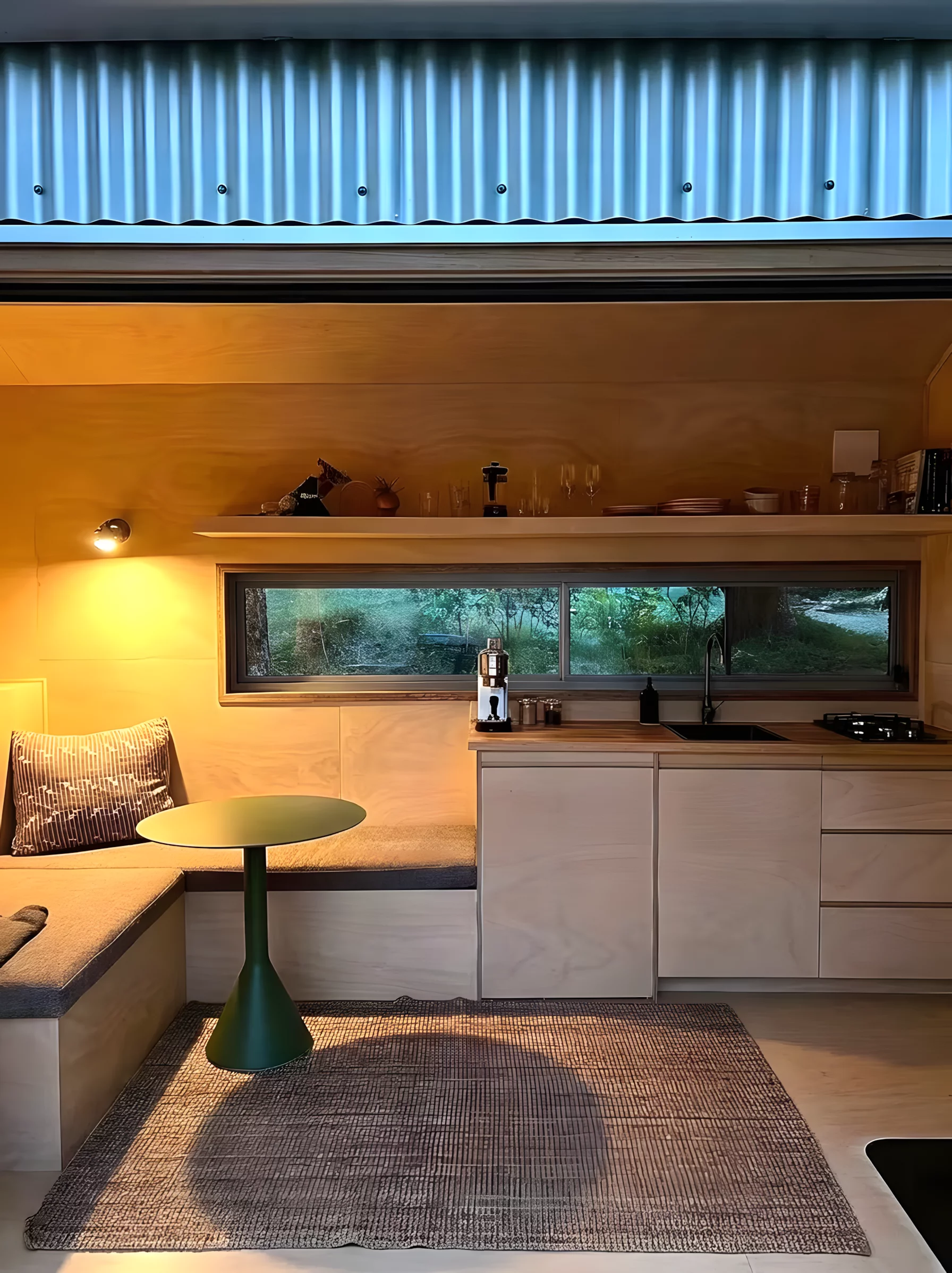 The Zinc Studio Cabin has an open single-level layout that's finished in plywood, with hardwood trim