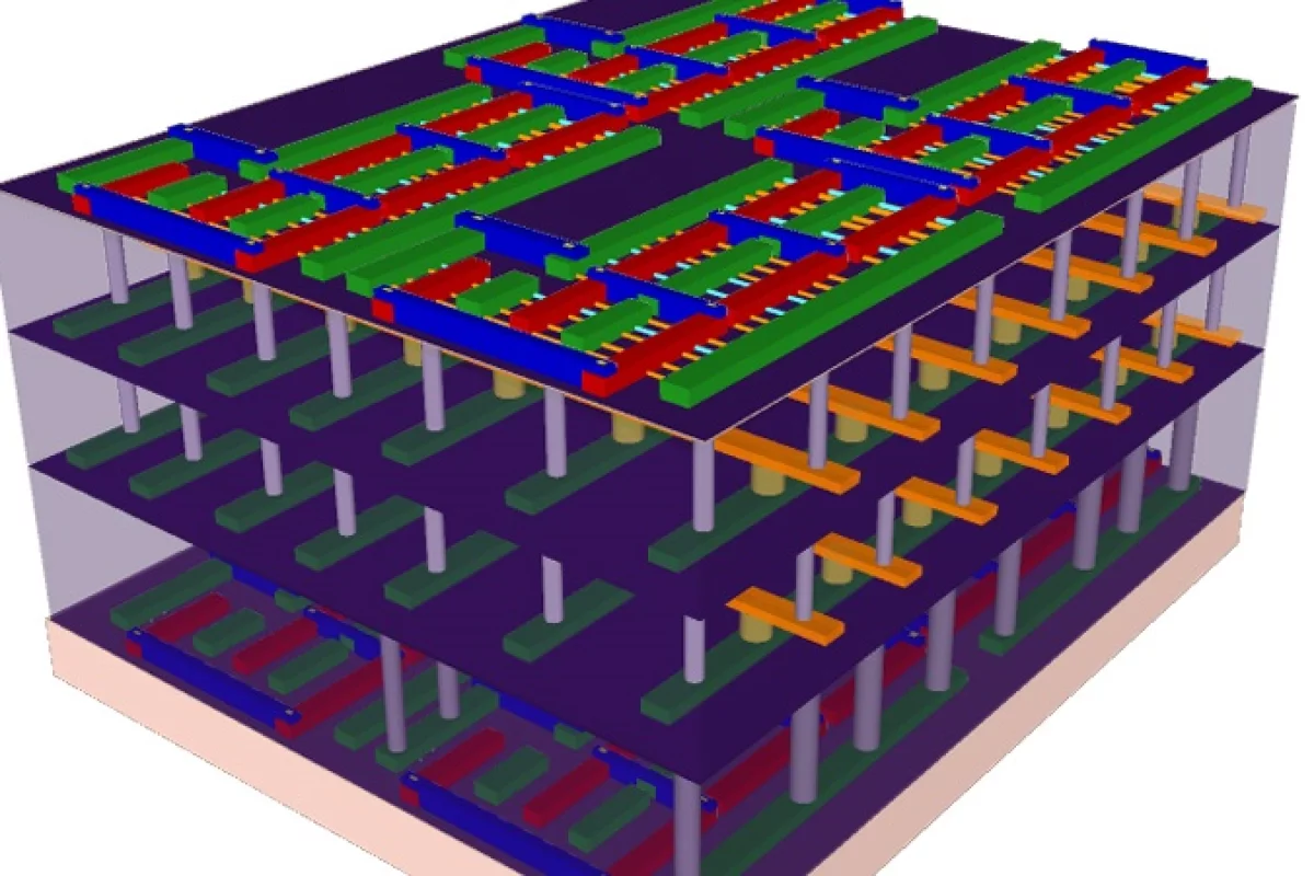 A four-story 3-D chip designed at Stanford could help address the current data processing limitations of today's technology (Image: Stanford University)