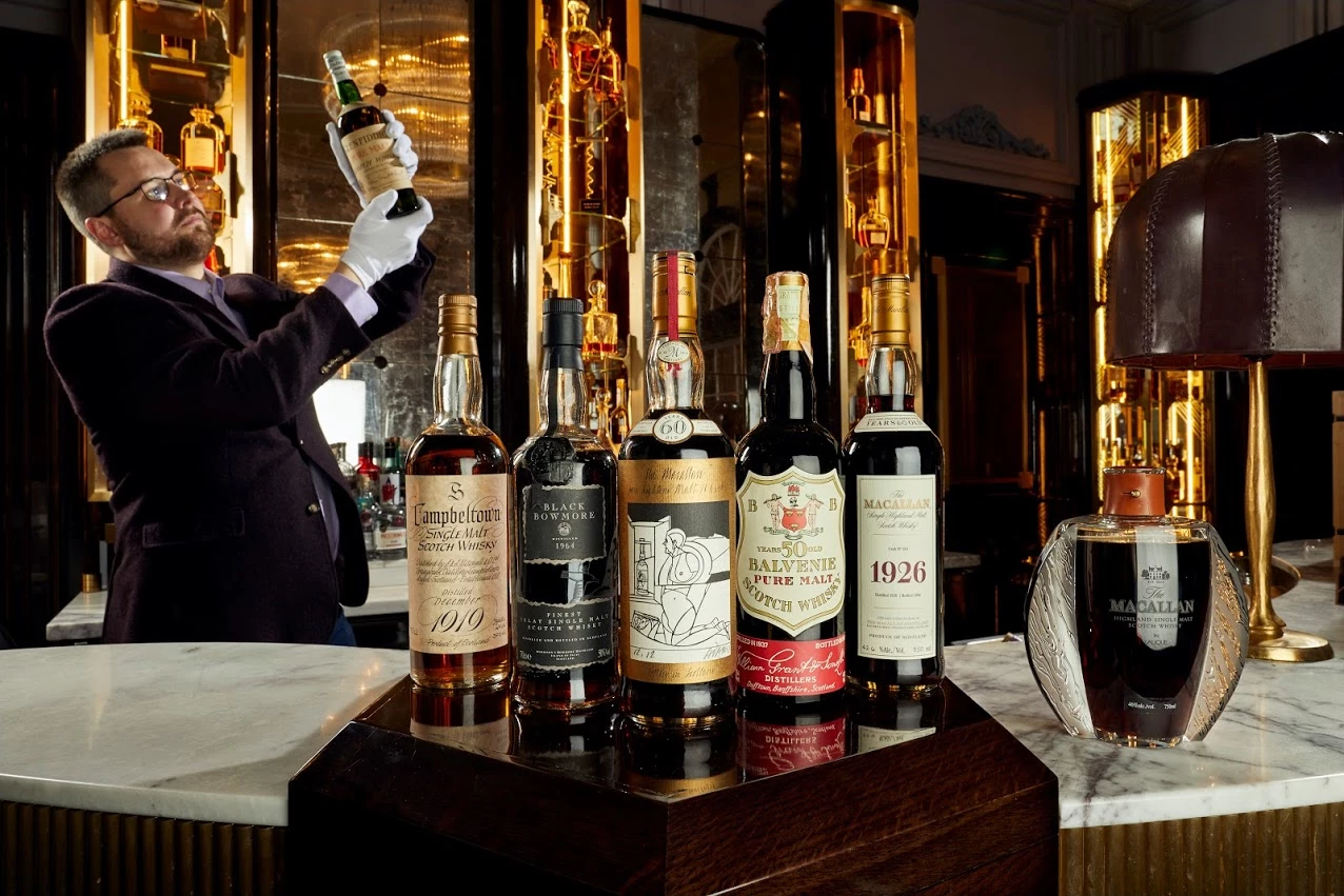 The highlights of Richard Gooding's 3,900 bottle ‘Perfect Collection’ were seen as these bottle by one of the foremost whisky authorities in the world: Just 24 bottles of Springbank 1919 vintage were bottled at the distillery in 1970. It has held the world record price for a bottle of whisky at least once.; Black Bowmore 1964; Macallan 1926 60-year-old Valerio Adami three bottles of this whisky have sold for more than $1.1 million each; Balvenie 50 Years Old - bottles regularly sell for $40,000 each; Macallan 1926 60-year-old Fine & Rare - the world record holder for whisky price - the last one to sell at auction fetched $1,860,307 (£1,452,000)